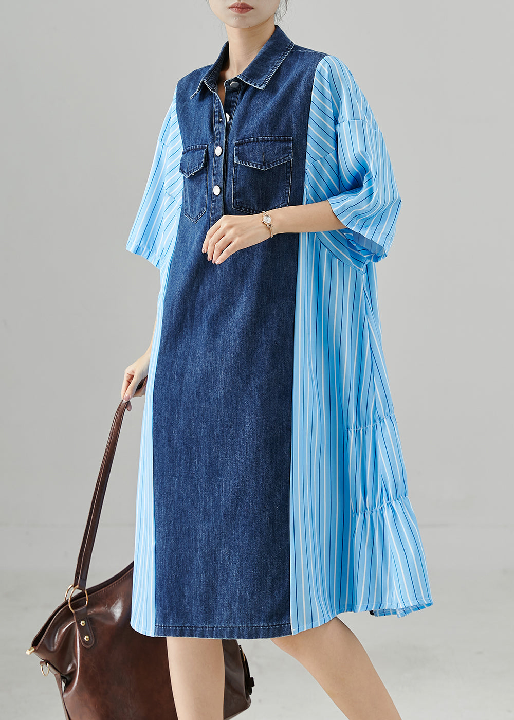 Robe décontractée en jean bleu à rayures larges pour femme - EasyApparels