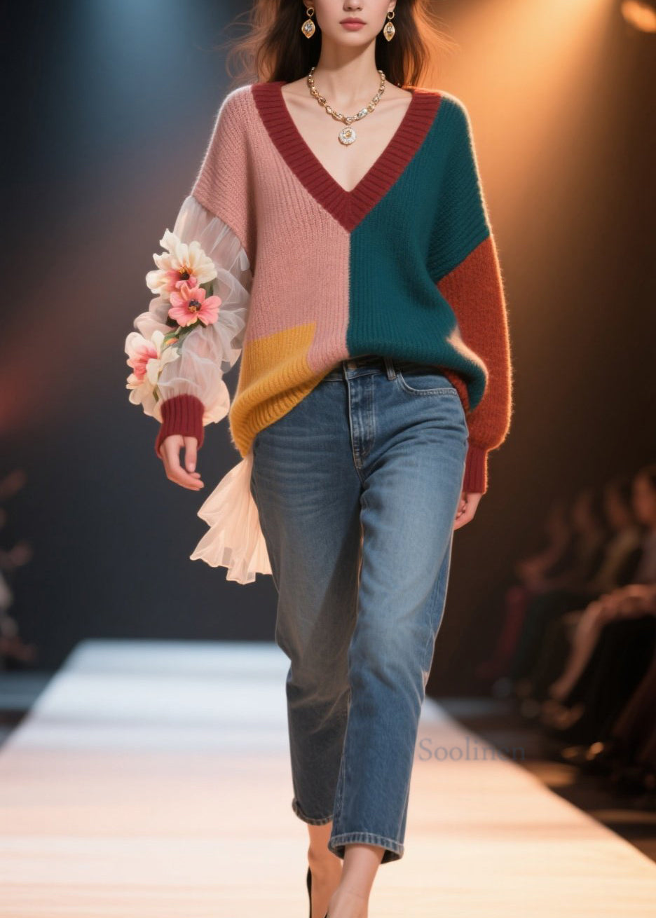 Pull court floral en tricot à col V et motifs colorés automne - EasyApparels