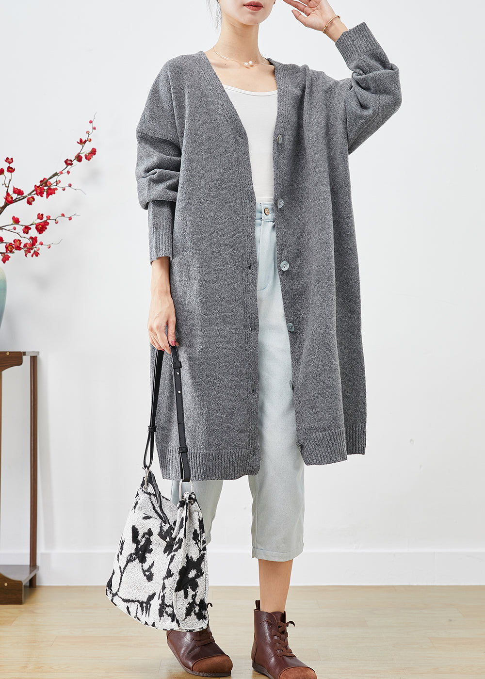 Cozy Oversized Grey Knit Cardigan Sweater - EasyApparels