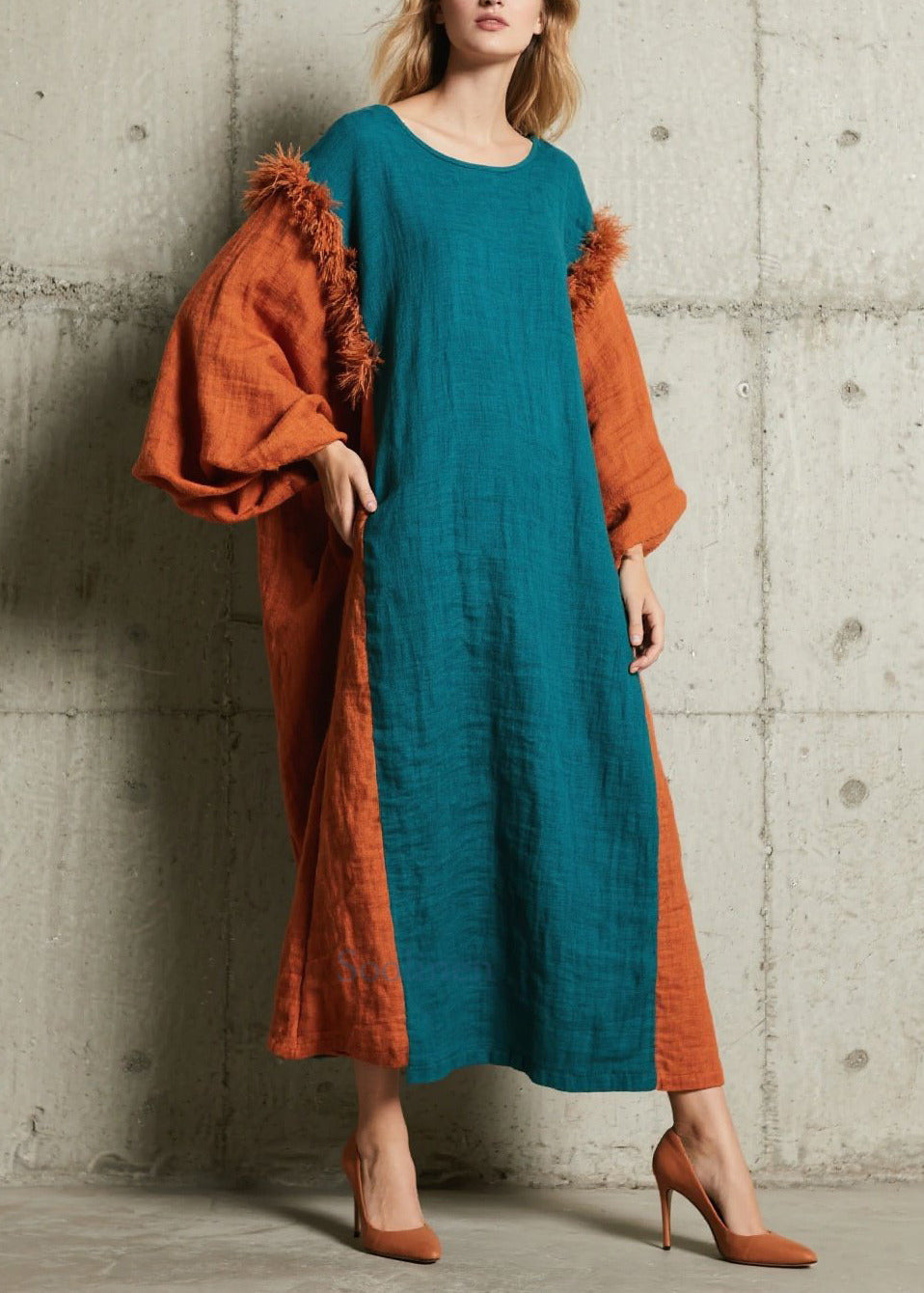Robe d'hiver oversizedpatchwork bleu turquoise en fausse fourrure - EasyApparels