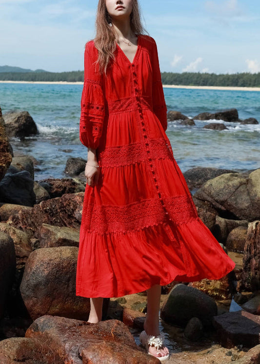 Red Lace Trimmed Boho Chic Robe with Bell Sleeves - EasyApparels