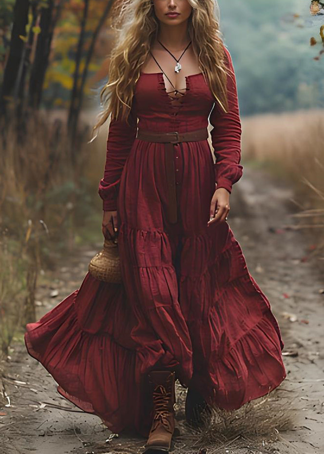 Robe colorée décontractée rouge en coton à manches longues - EasyApparels