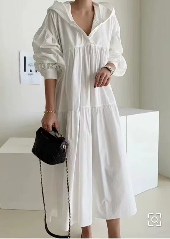 Longue robe blanche décontractée en coton avec capuche et manches larges - EasyApparels