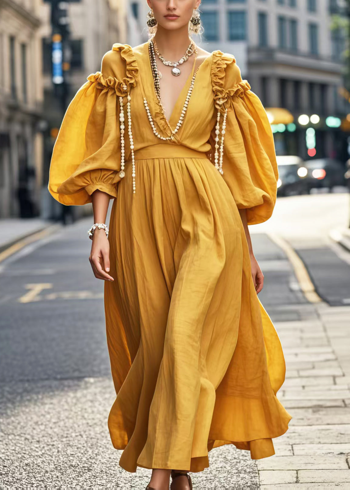Robe décontractée jaune en coton avec volants et manches larges - EasyApparels