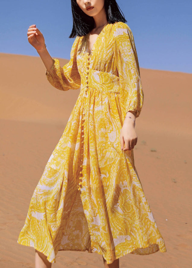 Robe longue été jaune en soie légère imprimée décolleté V - EasyApparels