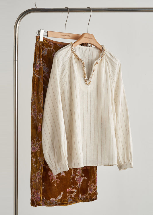 Chic deux pièces beige rayé col V pour automne - EasyApparels
