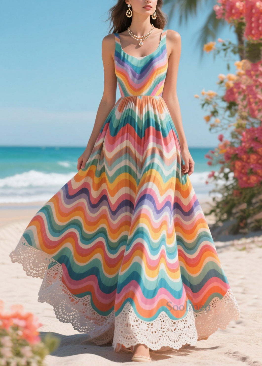 Légère Robe d'été en soie avec dentelle colorée - EasyApparels