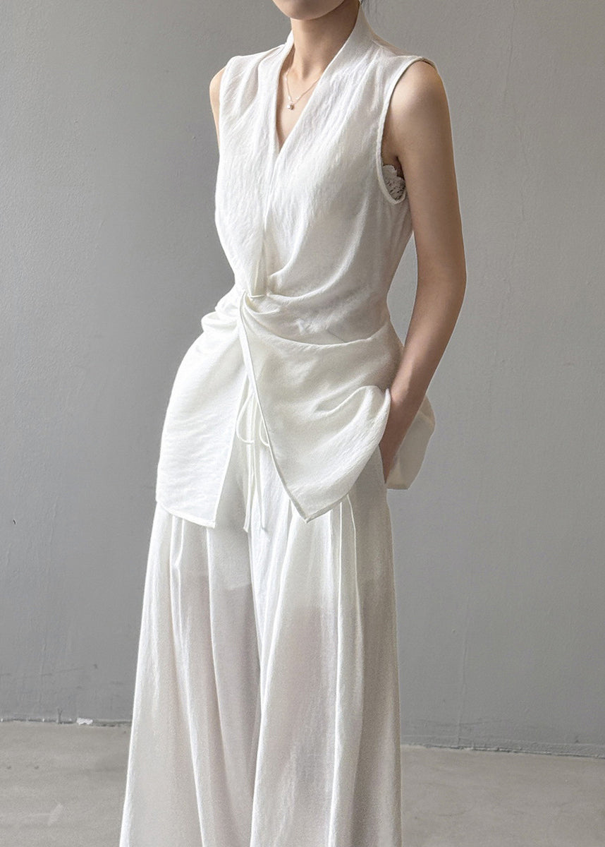 Robe deux pièces lin blanc décontractée sans manches - EasyApparels