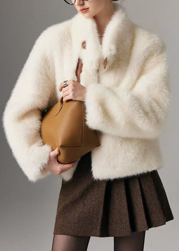 Veste hivernale blanche en fausse fourrure de luxe patchwork - EasyApparels