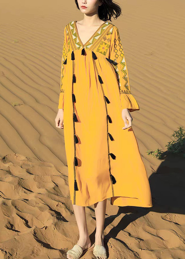 Robe patchwork coton jaune vif brodée pour femme hiver - EasyApparels