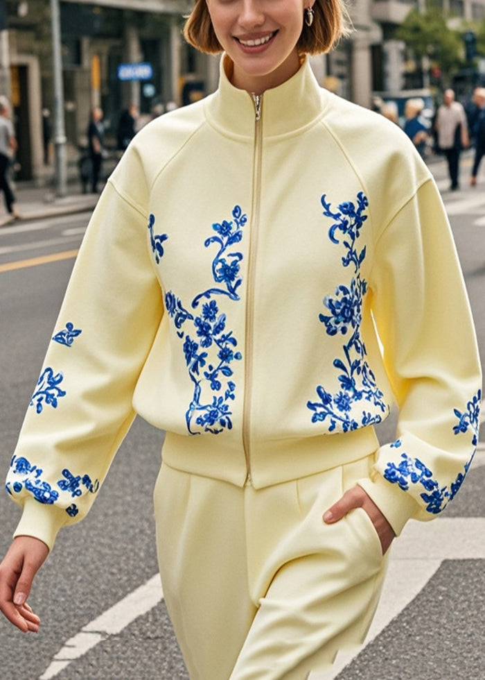 Veste coton imprimé col montant jaune automne chic - EasyApparels