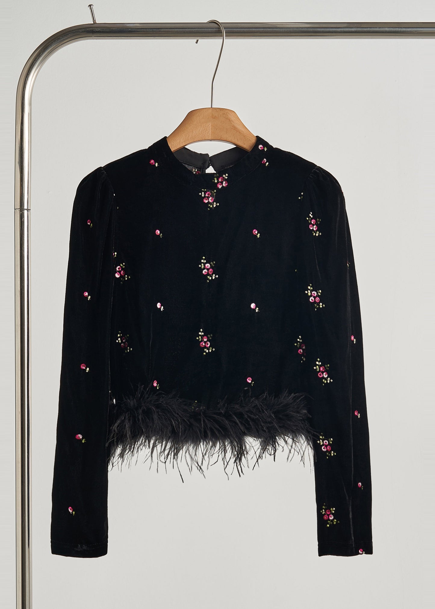 Luxe Velours Noir Brodé Plumes Automne - EasyApparels
