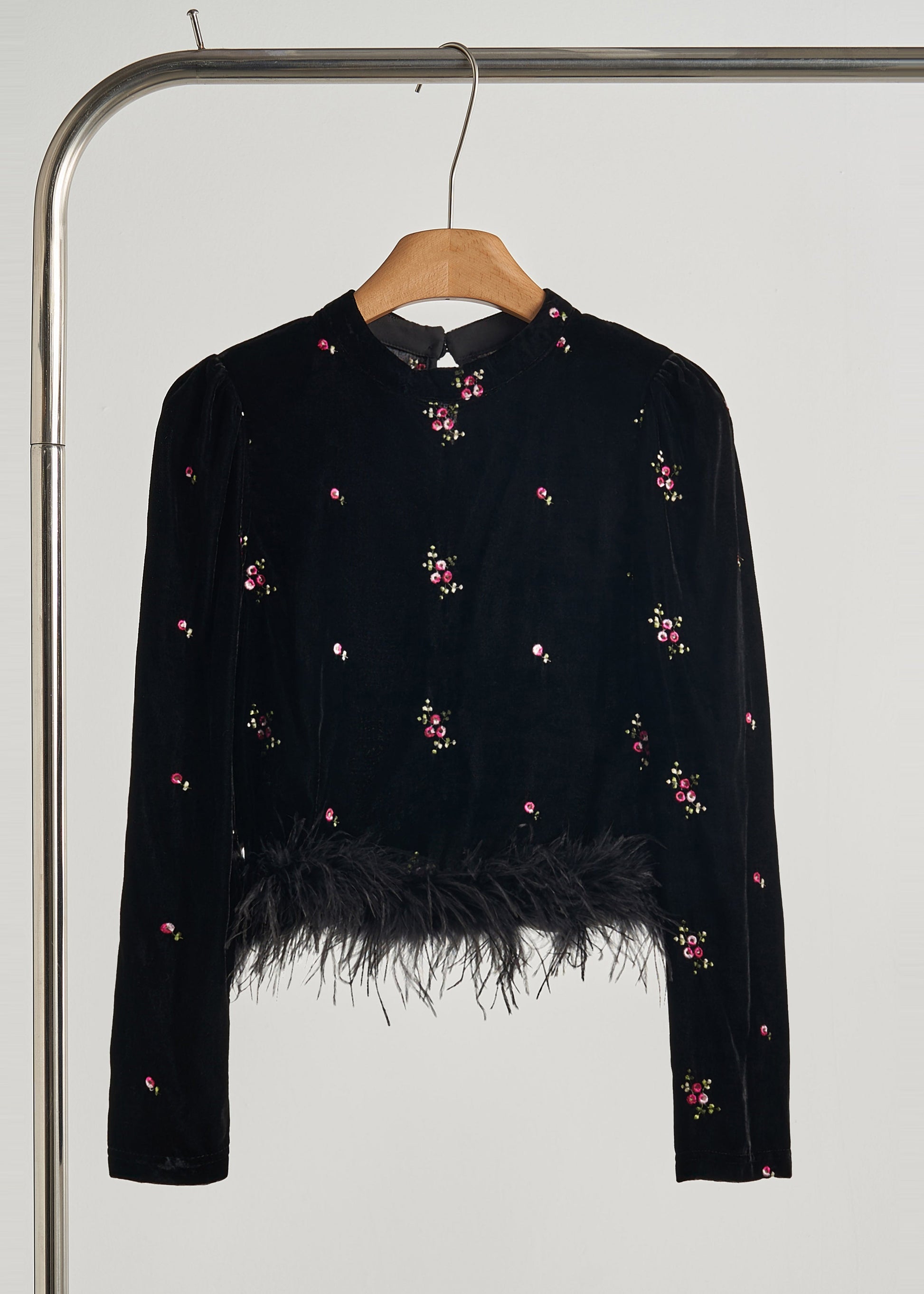 Luxe Velours Noir Brodé Plumes Automne - EasyApparels