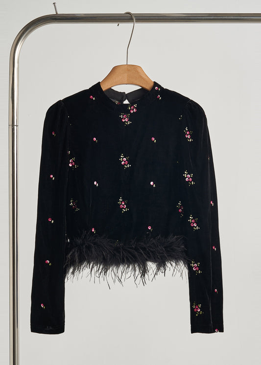 Luxe Velours Noir Brodé Plumes Automne - EasyApparels