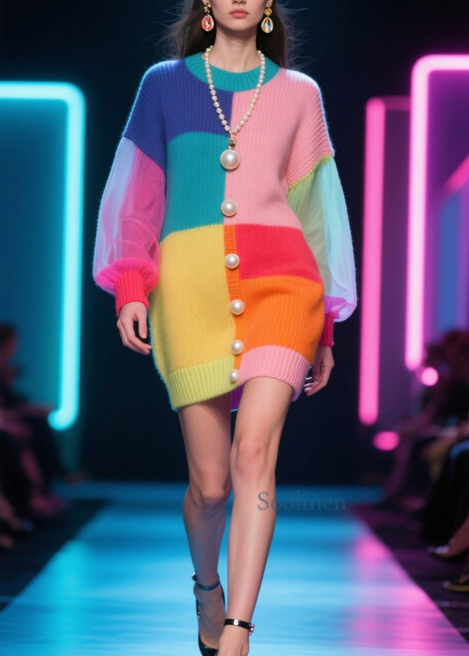 Robe patchwork tulle col rond couleur automne - EasyApparels