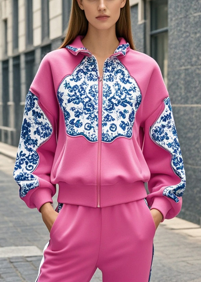Manteau en coton imprimé floral zippé Rose Hiver - EasyApparels