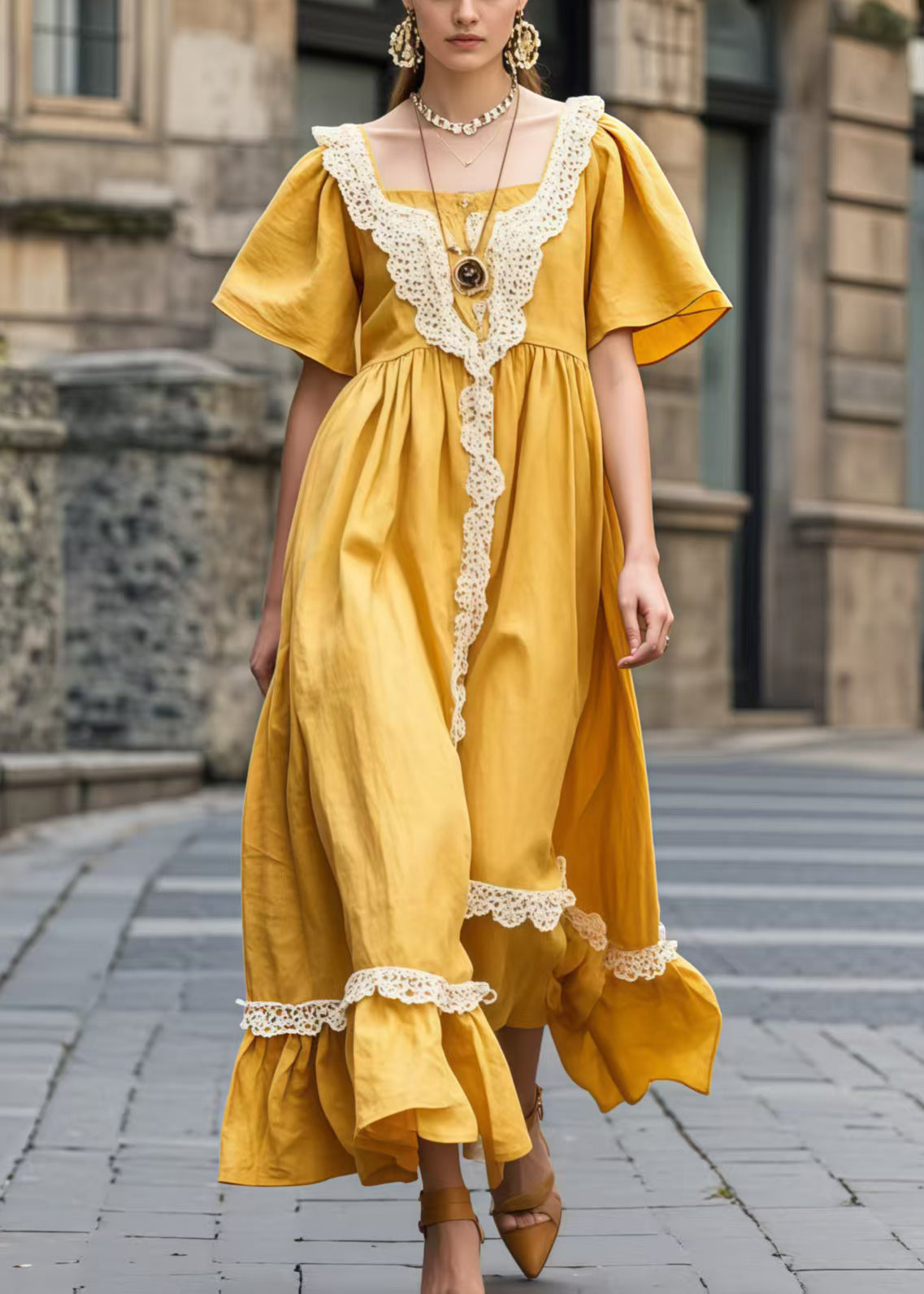 Robe longue décontractée en dentelle jaune été - EasyApparels