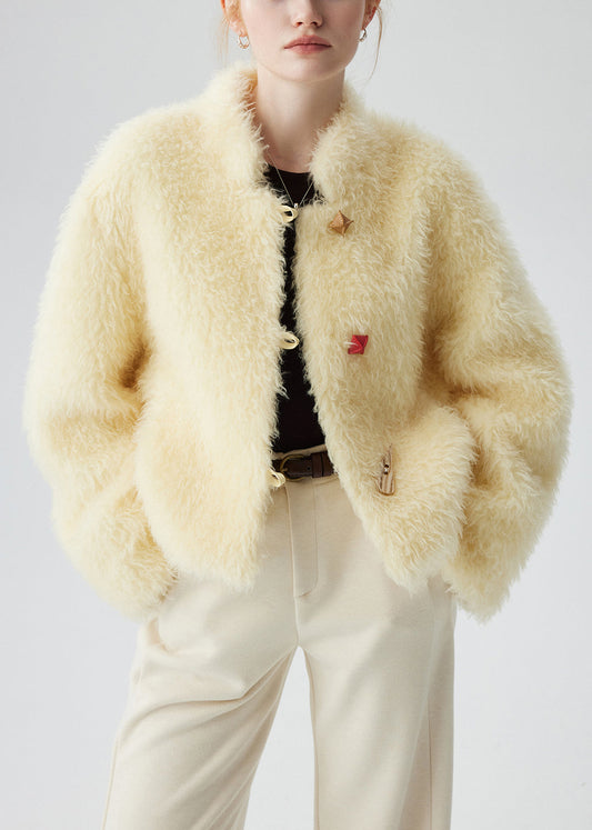 Manteau d'hiver jaune doux en laine épaisse à fermeture boutons - EasyApparels