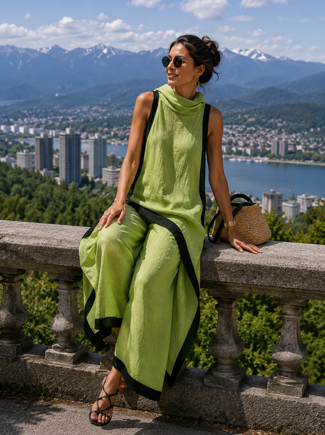 Tenue Femme Lin et Coton Tunique Asymétrique Pantalon Large - PanierRoyale