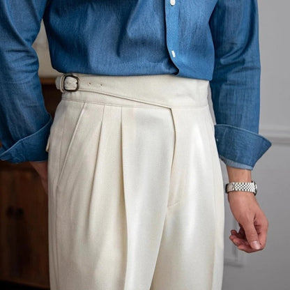 Pantalon Homme Taille Haute Plis Boucle Coupe Droite