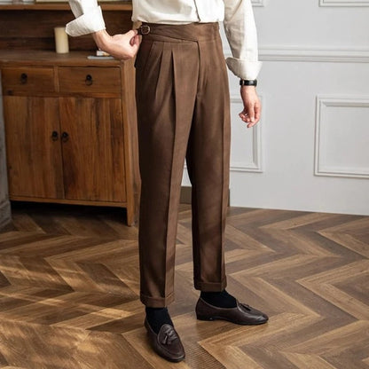 Pantalon Homme Taille Haute Plis Boucle Coupe Droite