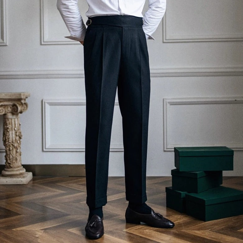 Pantalon Homme Taille Haute Plis Boucle Coupe Droite
