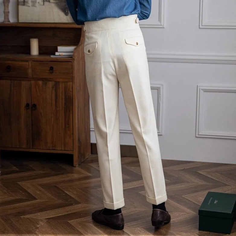 Pantalon Homme Taille Haute Plis Boucle Coupe Droite