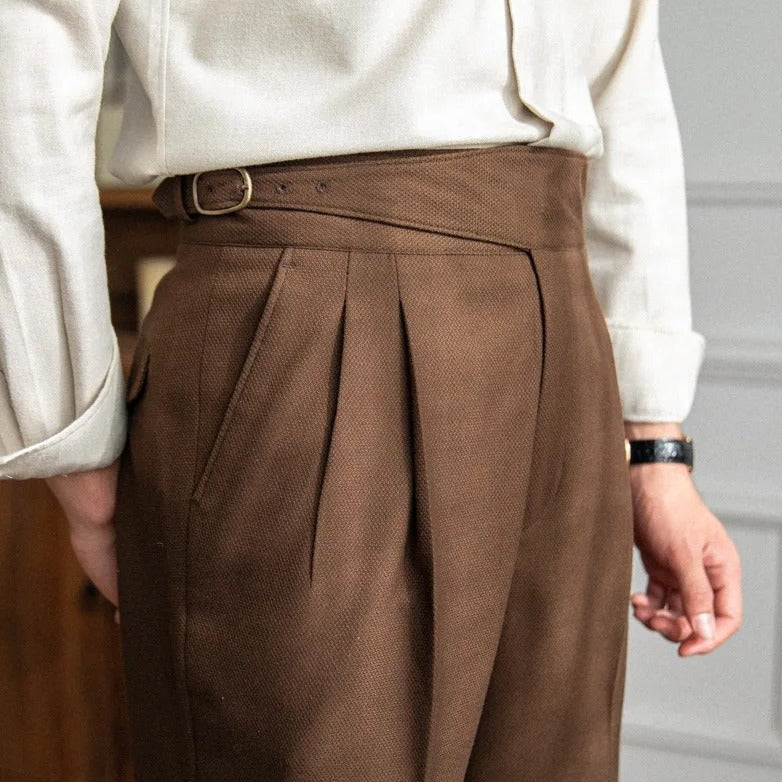 Pantalon Homme Taille Haute Plis Boucle Coupe Droite