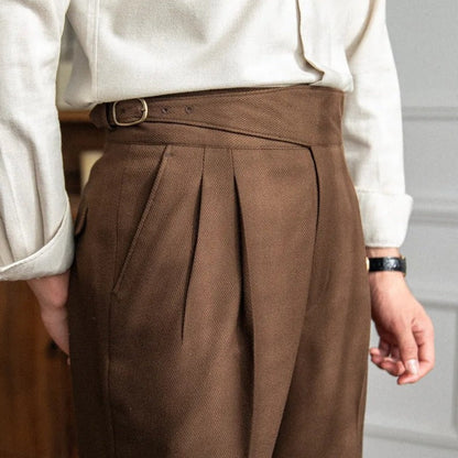 Pantalon Homme Taille Haute Plis Boucle Coupe Droite