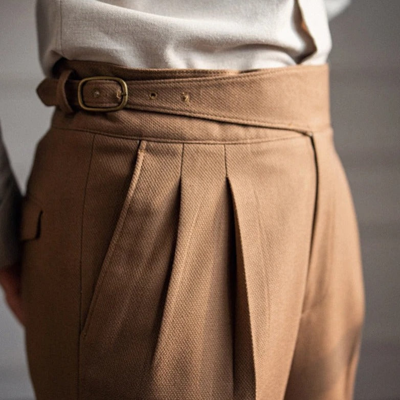 Pantalon Homme Taille Haute Plis Boucle Coupe Droite