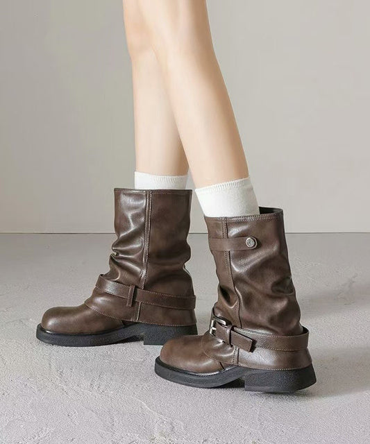 Chic Bottes Marron Patchwork en Cuir Similé - EasyApparels