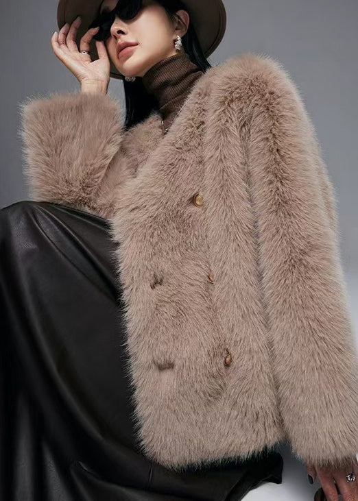 Manteau hiver doux en fausse fourrure marron, col V et fermeture double - EasyApparels