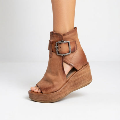 Sandales Compensées Femme Daim Bout Ouvert Boucle Métal Semelle Bois