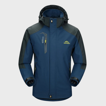Veste de randonnée imperméable bleu marine avec capuche ajustable