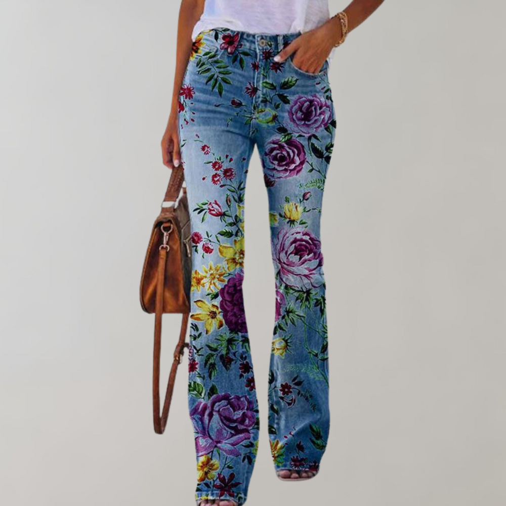 Jean Femme Coupe Évasée Imprimé Floral