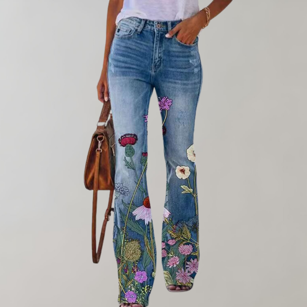 Jean Femme Coupe Évasée Imprimé Floral