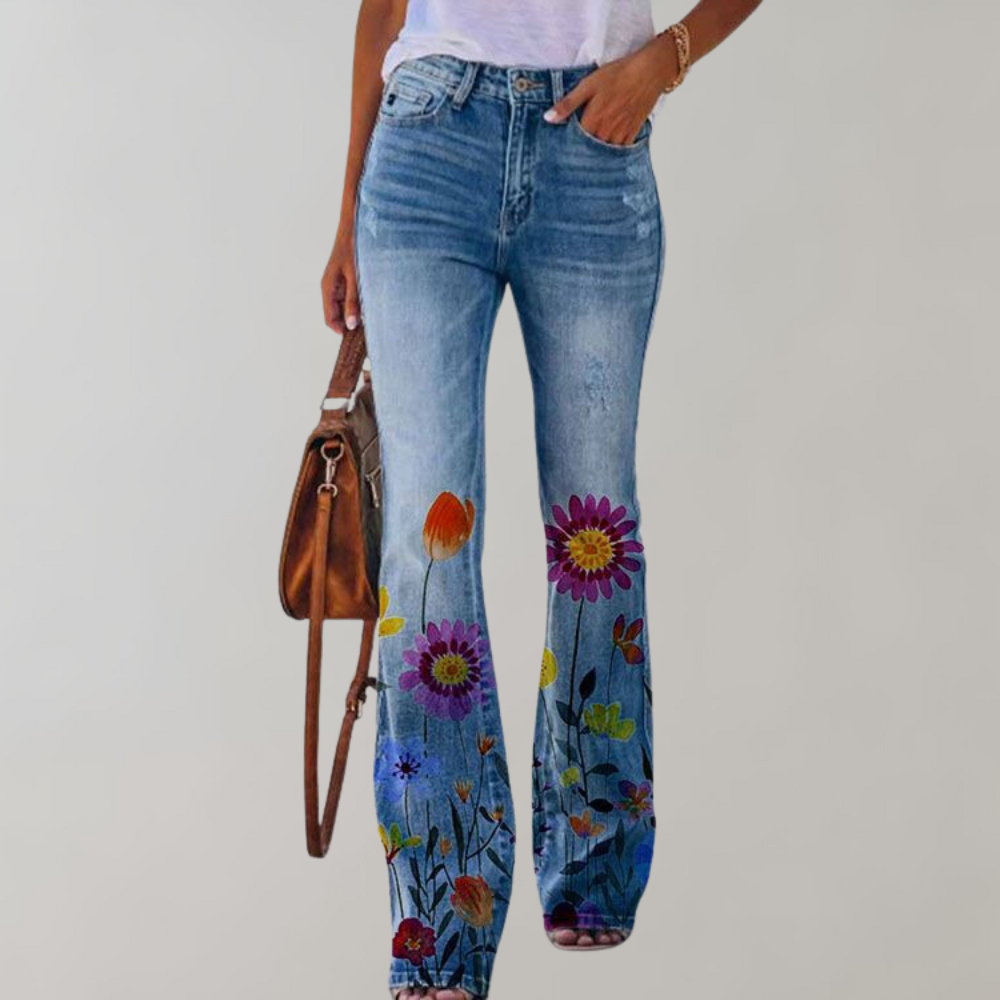 Jean Femme Coupe Évasée Imprimé Floral - PanierRoyale