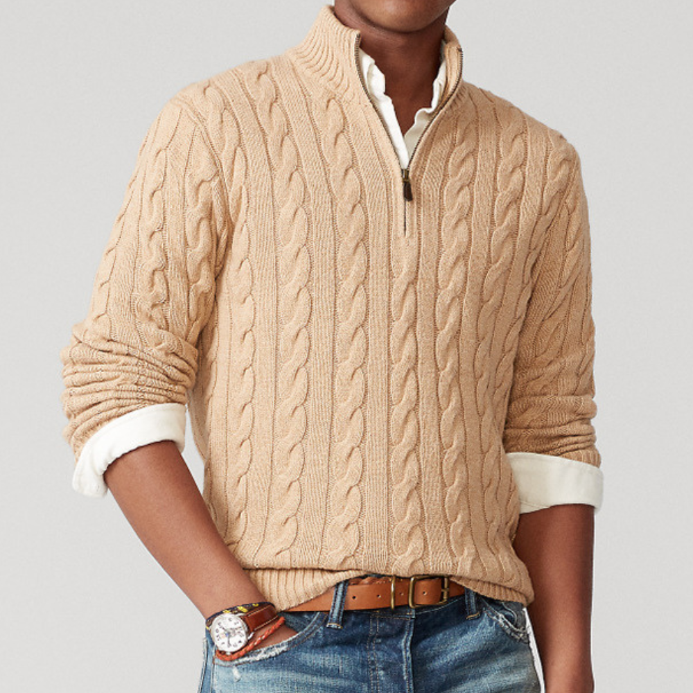 Pull Homme Tricot Printemps Col V avec Motif Tressé