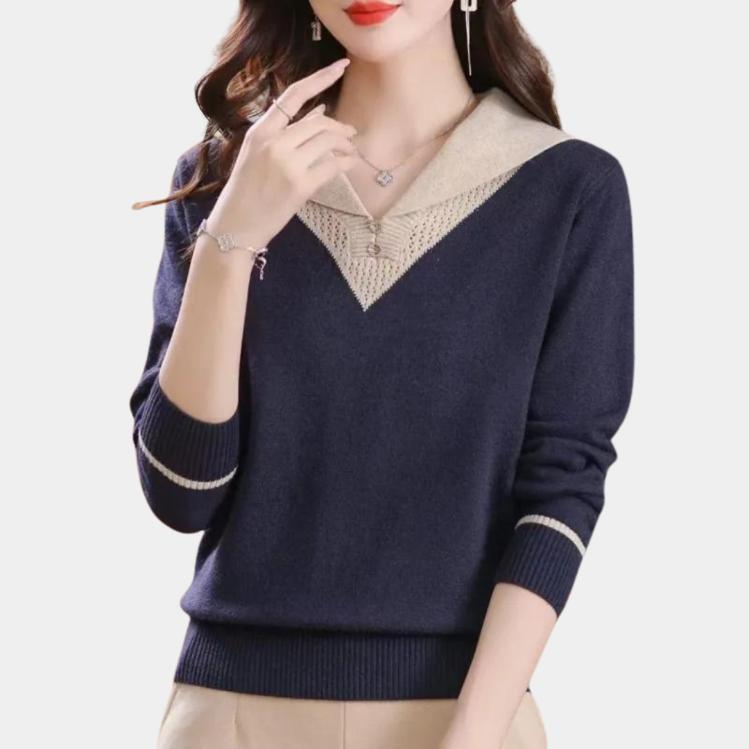 Ciri - Pull Femme Élégant avec Encolure en V et Détails Patchwork