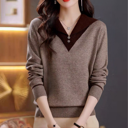 Ciri - Pull Femme Élégant avec Encolure en V et Détails Patchwork