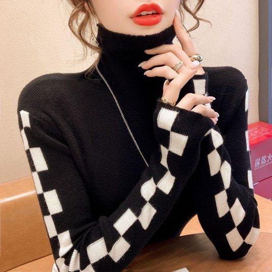 Pull Col Roulé Femme Élégant en Carreaux - PanierRoyale