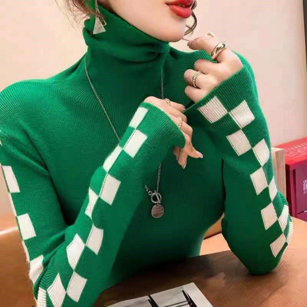 Pull Col Roulé Femme Élégant en Carreaux