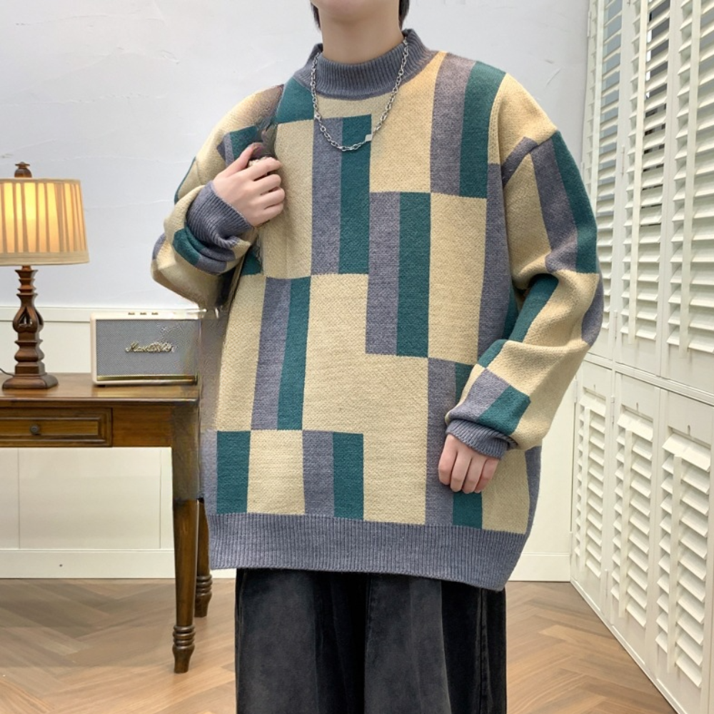 Pull à Manches Longues Tricoté Noir et Gris pour Homme