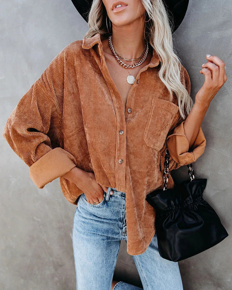 Chemise Féminine Élégante en Velours Doux avec Poche Devant
