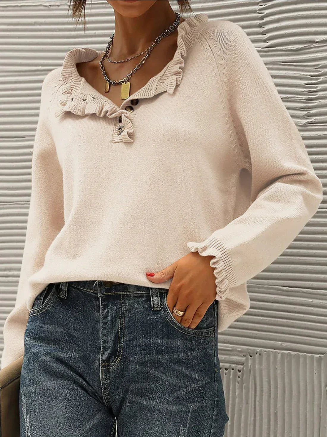 Pull Femme Col Rond Doux et Chaud Beige