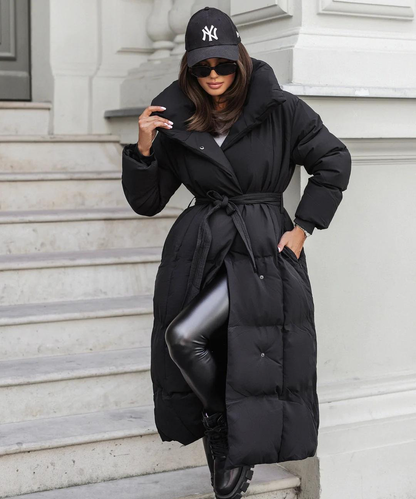 Manteau Femme Long Noir Élégant à Ceinture - PanierRoyale