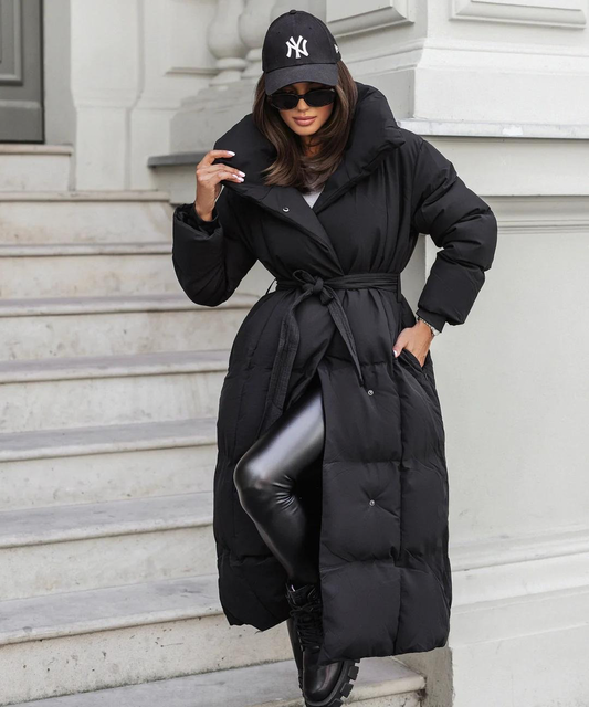 Manteau Femme Long Noir Élégant à Ceinture - PanierRoyale