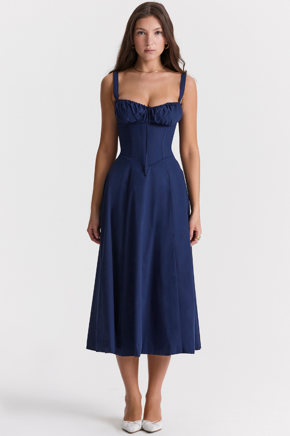 Robe Femme Midi Éléguante avec Corsage et Jupes Flottantes