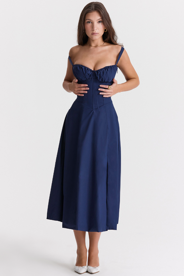 Robe Femme Midi Éléguante avec Corsage et Jupes Flottantes