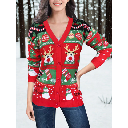 Gilet Femme Hiver Tricoté – Cardigan Élégant Col V avec Boutons et Motifs Hivernaux - PanierRoyale